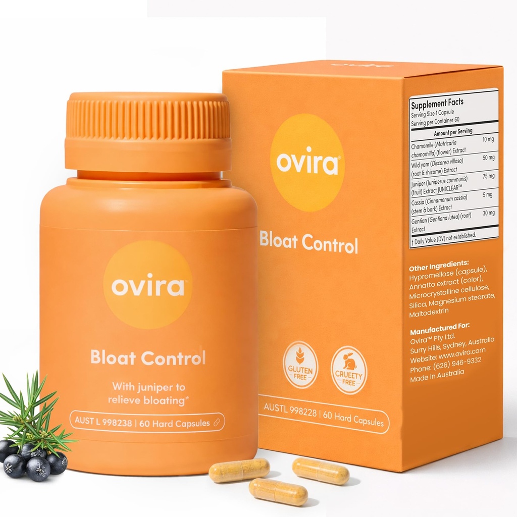 Ovira Bloat Control Supplement mit JUNICLEAR - 60 Kapseln für Gas und Bloating Relief | Effektive Debloating für Frauen und Männer | Hilft Wasserretention & fördert Verdauungs-Gesundheit - Paket von 1
