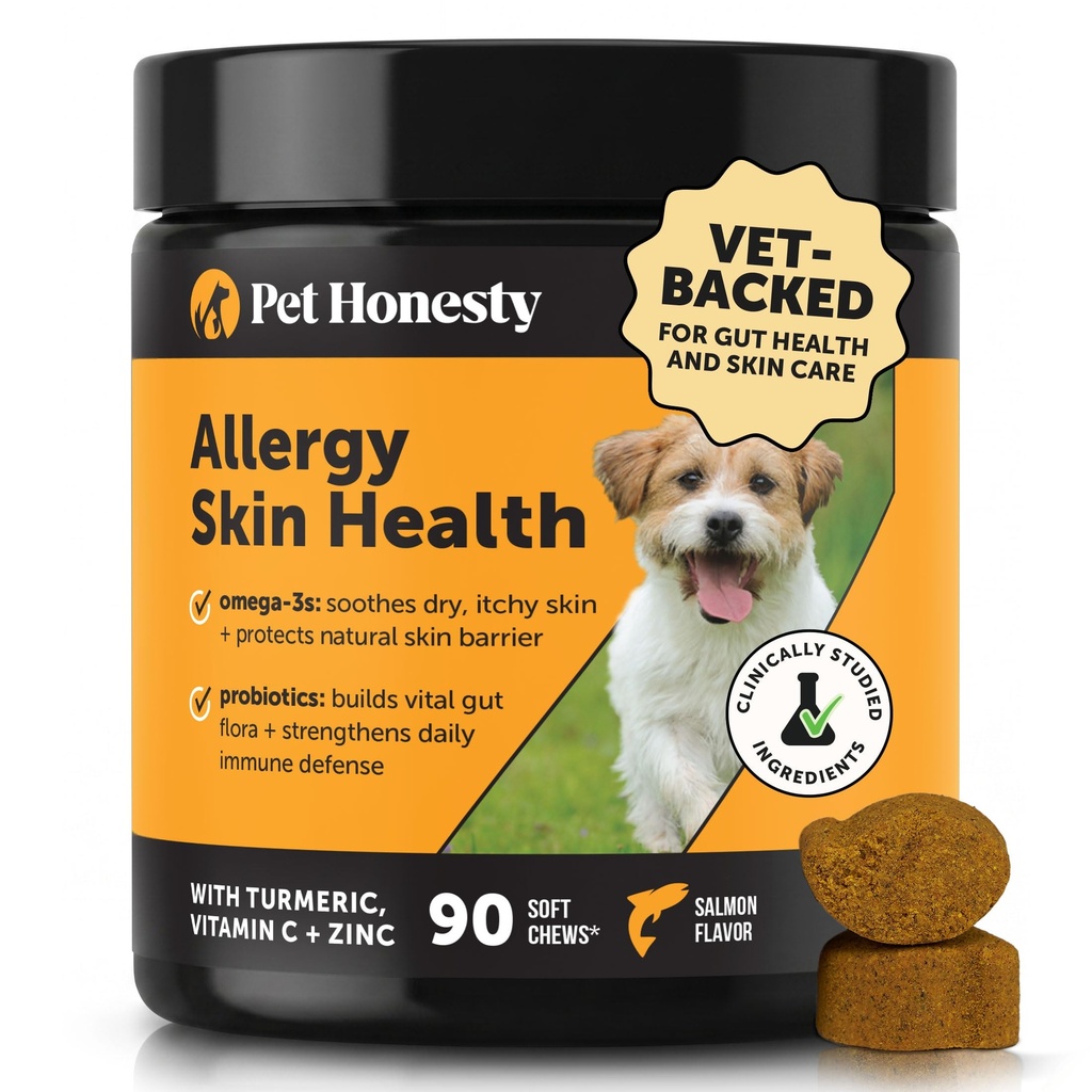 Allergy Hautgesundheit – Allergy Itch Relief & Immune unterstützen Chews mit Fischöl, Probiotika & Vitamin E – hilft, normales Shedding, wohltuende Haut, & Verdauungsstörungen (Salmon Flavor, 90 Ct) zu reduzieren
