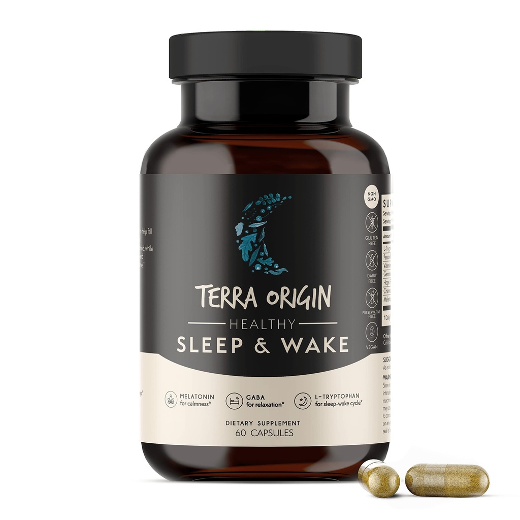 TERRA ORIGIN Gesunde Schlaf &amp; Wache Natürliche Schlafhilfe Ergänzung für Erwachsene | Restauration und Awake Refreshed | GABA, L-Tryptophan, Melatonin, Kamille, Valerian, PassionFlower | 60 Kapseln