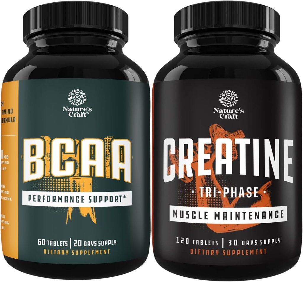 Bundle of Branch Chain Amino Acids Supplement und High Strength Tri Phase Creatine Pillen - Vegan BCAA Kapseln nach Workout Muskel Erholung und Wachstum Unterstützung - Muskelmasse Gainer und Muskel Erholung