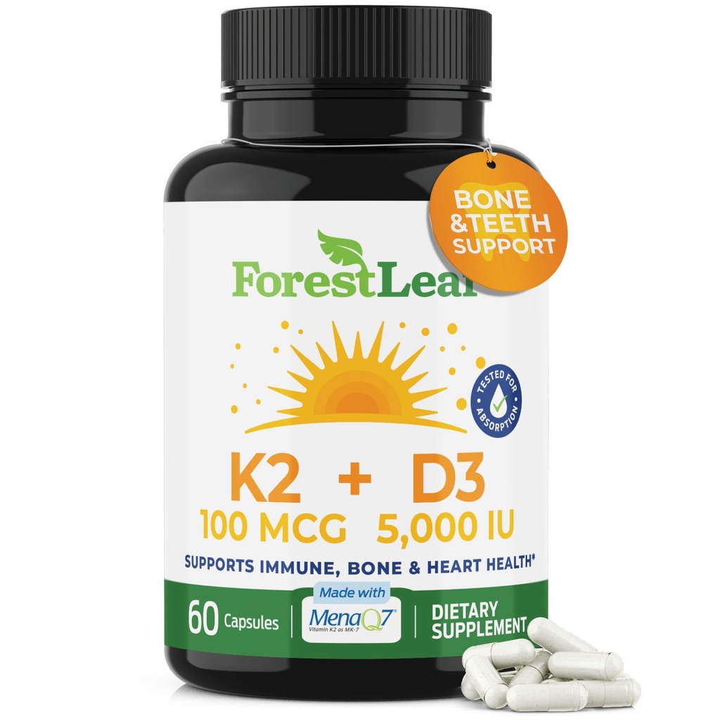 ForestLeaf Vitamin D3 + K2 (MK7) Ergänzung - MenaQ7 - Calcium und Vitamin D3 5000 IU Max Absorption - Zähne und Knochenstärke, Herzgesundheit, Immunsystem Unterstützung - 60 Veggie Kapseln