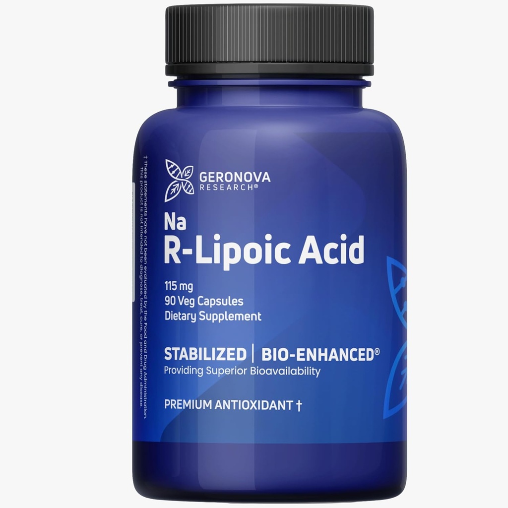 Geronova Research Bio-Enhanced R-Lipoic Acid, 115 mg Kapseln - 3 Monate Versorgung - Stabilisierte R Alpha Liponsäure mit verbesserter Absorption - R Lipoic Acid Supplement - 90 Zähler
