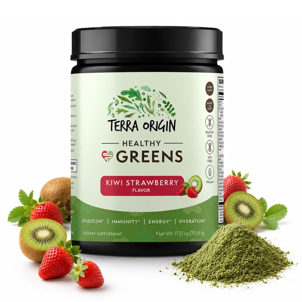 TERRA ORIGIN Gesunde Grüne Pulvermischung | Superfoods, Probiotika, Enzyme, Spirulina | für Immun- & Verdauungsgut-Gesundheitsunterstützung | Energie & Wellness Boost | 30 Servierungen (Kiwi Erdbeere)