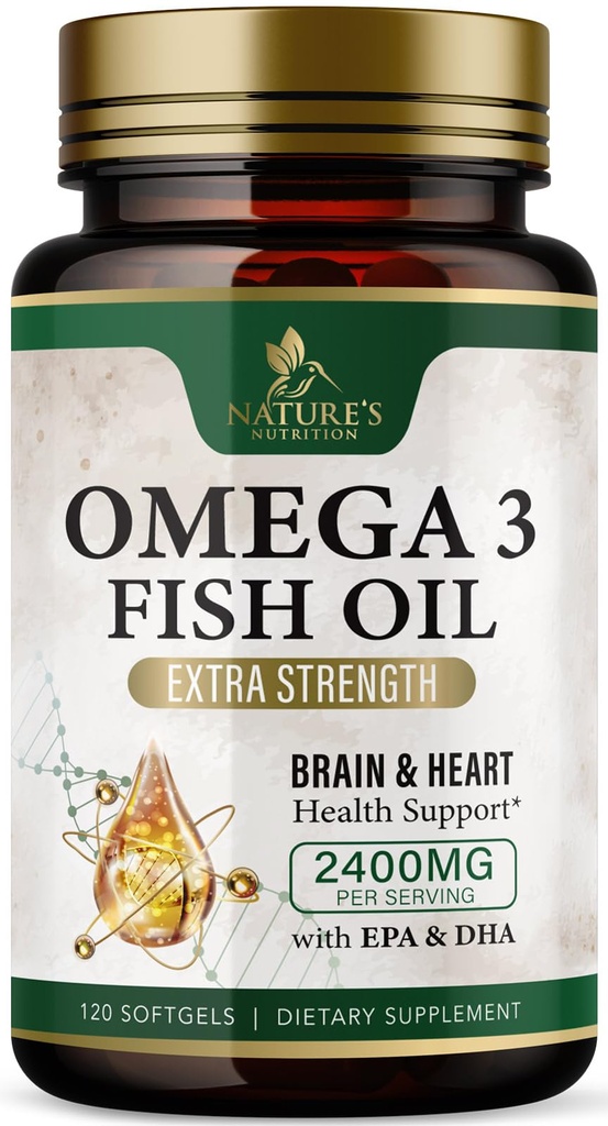 Omega 3 Fischöl-Ergänzungen 2400 mg - Dreifache Stärke Omega3 - EPA & DHA mit essentiellen Fettsäuren - Natürliche Immun-, Gehirn- und Herzgesundheitsunterstützung - Burpless, Lemon Flavor, Wild Caught - 120 Softgels