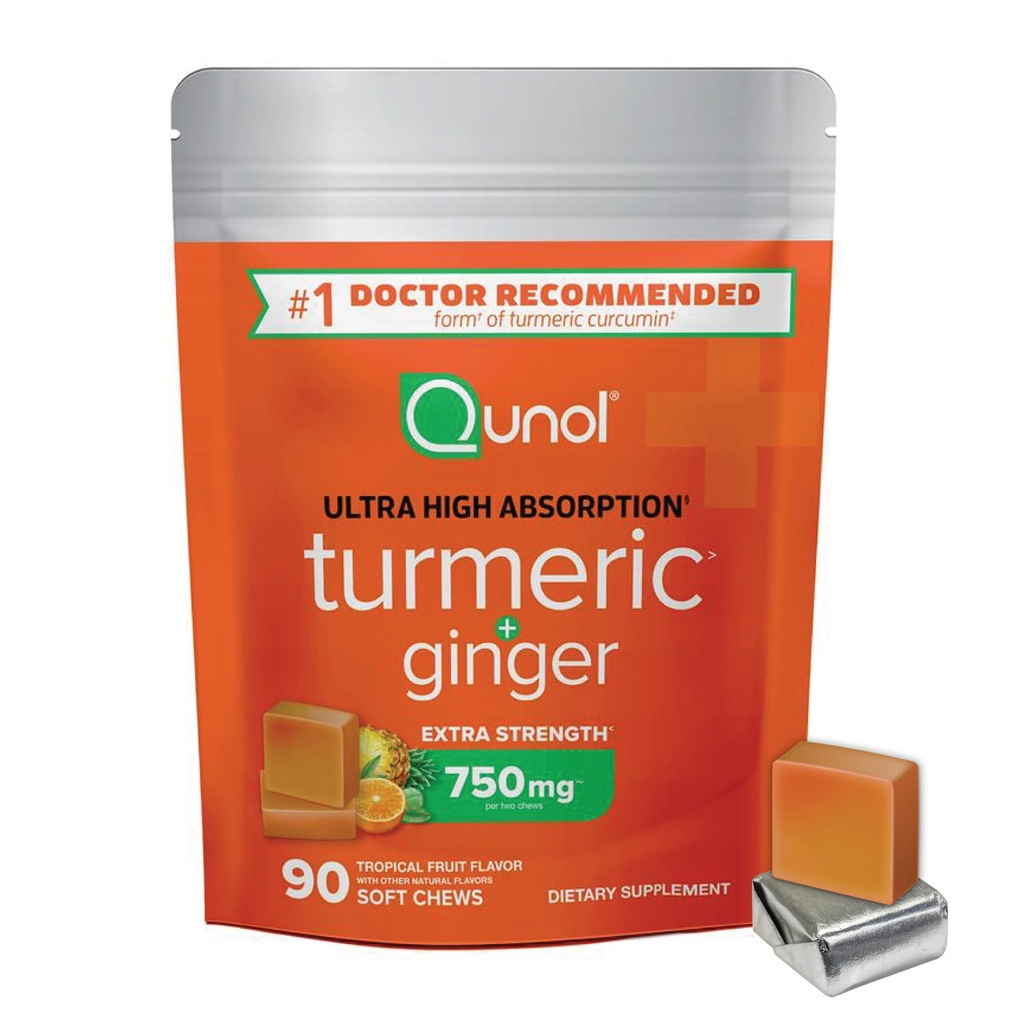 Qunol Turmeric und Ginger Soft Chews, 750mg Turmeric Supplement, Ultra High Absorption, um Gelenkgesundheit zu unterstützen, 90 Count