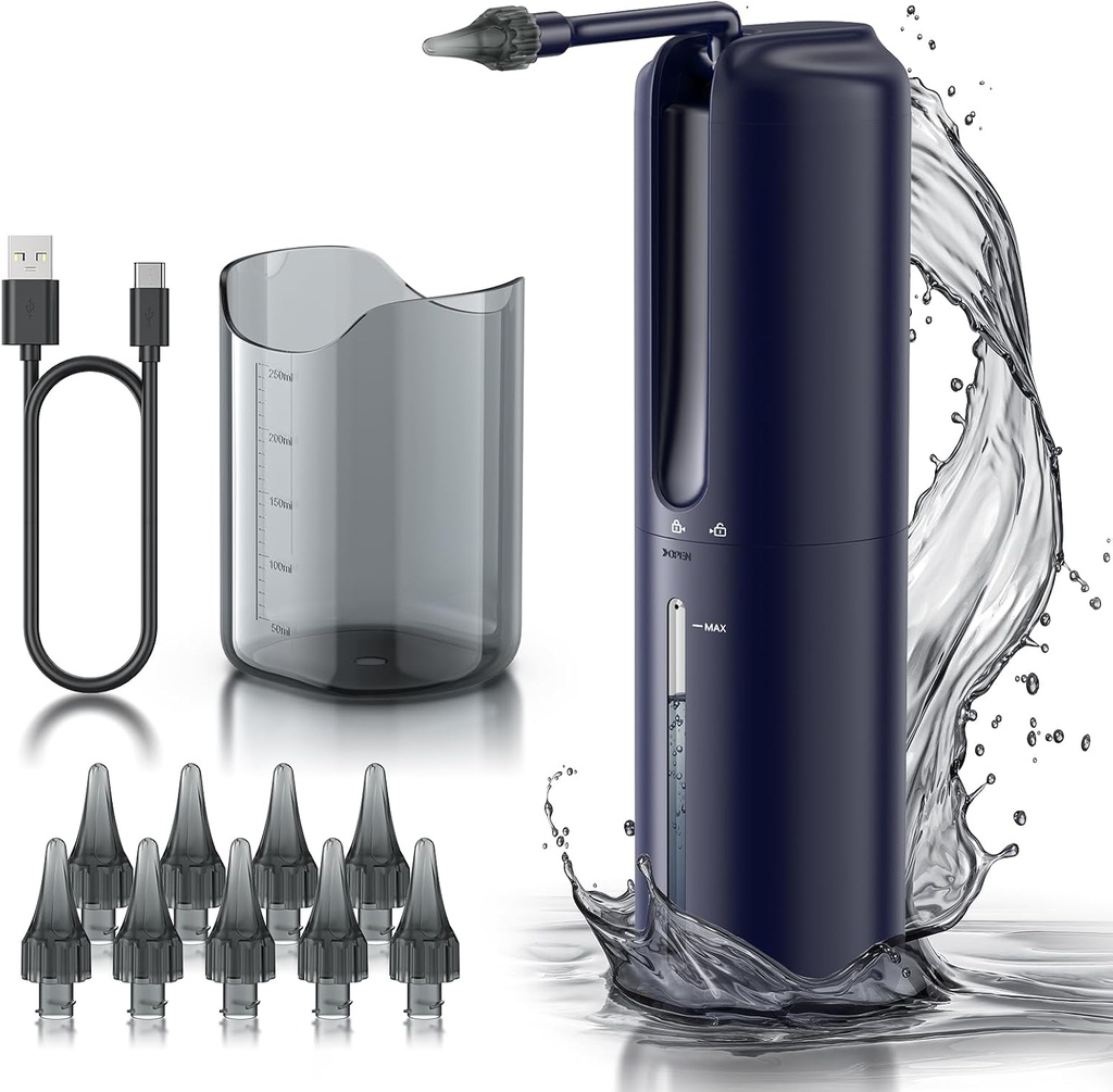 Enlèvement de la cire d'oreille - Système électrique d'irrigation d'oreille, Nettoyeur d'oreille alimenté par l'eau avec 4 modes de pression, outil de nettoyage d'oreille sûr et efficace, résistant à l'eau USB rechargeable (bleu)