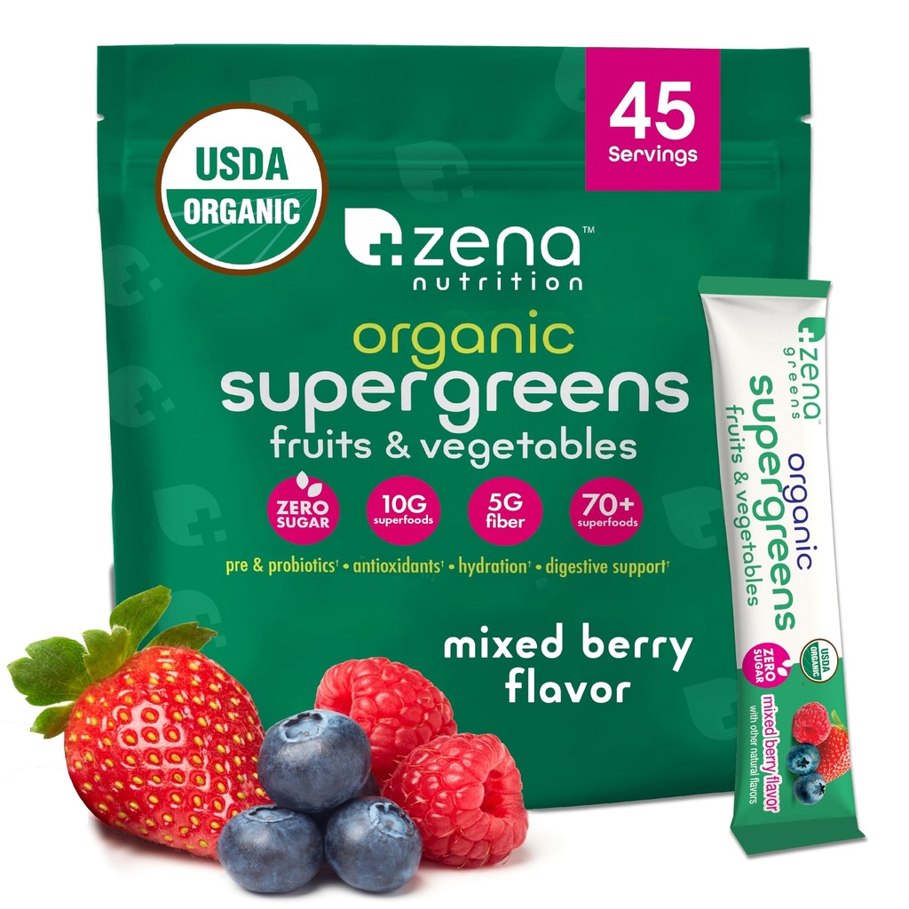 Zena Nutrition Bio Super Greens Poudre, 70+ Superfoods, 0 Sucre, Fibre de 5G, Spiruline, Chlorella, Antioxydants, Prébiotiques/Probiotiques, Enzymes digestifs, Berry mélangé, 45 paquets de boissons