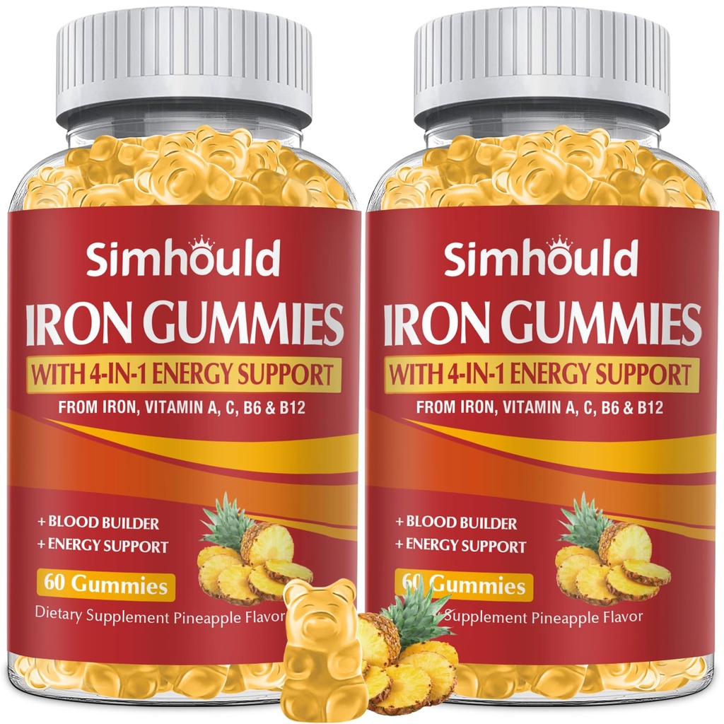 2 Pack Vegan 80MG Eisen Supplement Gummi für Damen und Herren - Vitamin A, C, B für Erwachsene & Kinder - Blut & Builder & Energie Unterstützung für Eisenmangel, Anämie, 120 Zähler Ananas Flavor Gummies