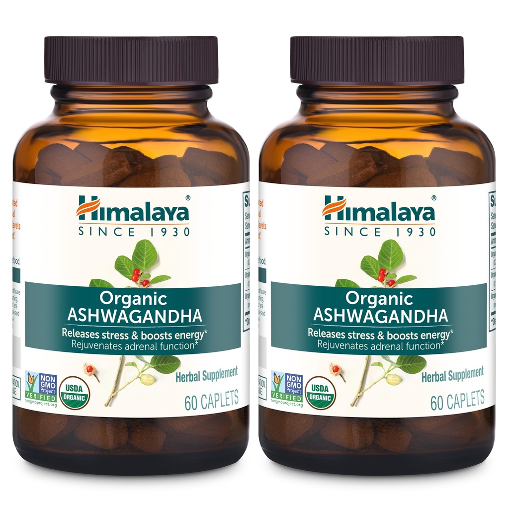 Himalaya Organic Ashwagandha, 120-Tage-Versorgung, Kräuter-Ergänzung für Stress-Relief, Energie-Unterstützung, okziale Schlaflosigkeit, USDA Organic, Non-GMO, Vegan, Gluten Free, 670 mg, 60 Caplets, 2 Pack