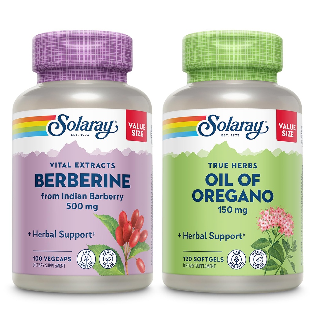 SOLARAY Berberine und Öl von Oregano Bundle - Berberine HCl aus indischer Barberry Plus Oregano Ölergänzung für Leistungsstarke Wellness Unterstützung - 100 VegCaps/120 Softgels