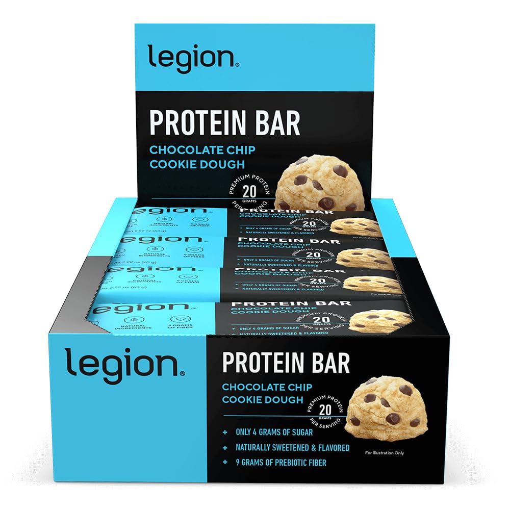 Legion Chocolate Chip Cookie Dough Protein Bar - 100% Whey Protein Bars Low Sugar High Protein mit Prebiotic Fiber - Soy-Free, Glutenfrei, Natürlich aromatisiert, Low Fat, High Protein Bars (12 Count)