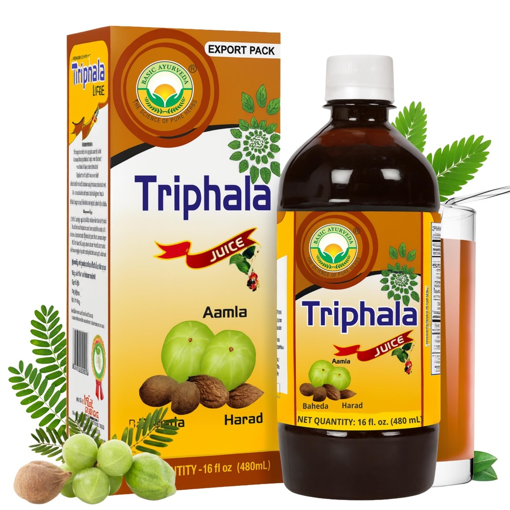 BASIC AYURVEDA Triphala Juice | 16.23 Fl Oz (480ml) | Bio Fruchtsaft von Amla Bibhitaki & Haritaki | Natürliche Quelle von Vitamin C | für gesundes Haar & Verdauung