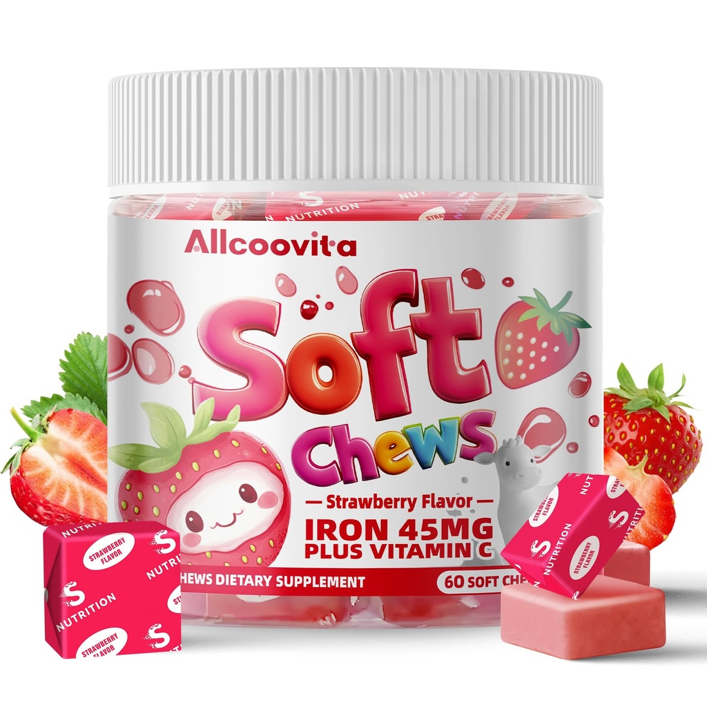 Eisen weiche Kauen Ergänzung mit Vitamin C | Strawberry Flavored | Gluten Kostenlose | Eisen Ergänzung für Frauen Männer und Kinder | 60 Graf | 2 Monat Versorgung