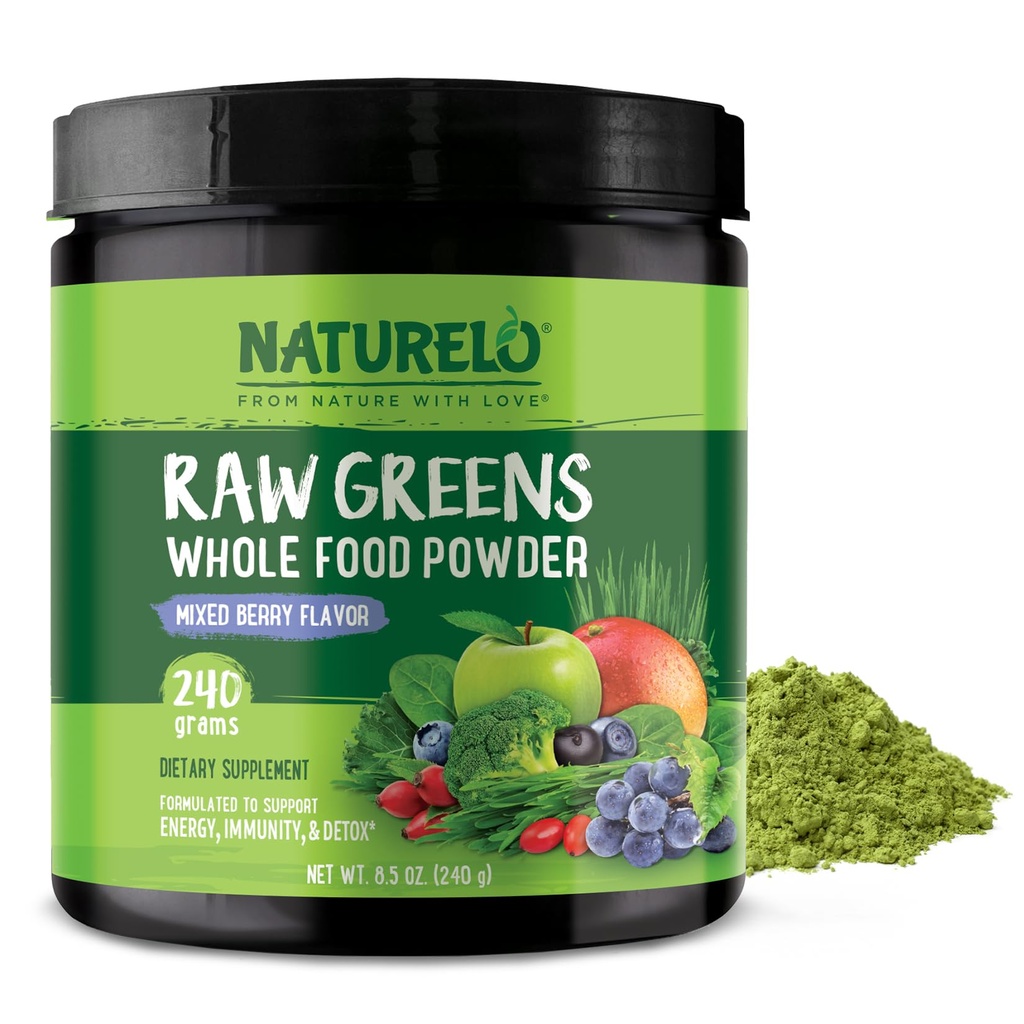 NATURELO Raw Greens Superfood Powder 240 Grams, Mixte Berry - Supporte l'énergie, l'immunité et la désintoxication - Comprend Spiruline, Grass de blé et Verts organiques pour la nutrition des aliments entiers