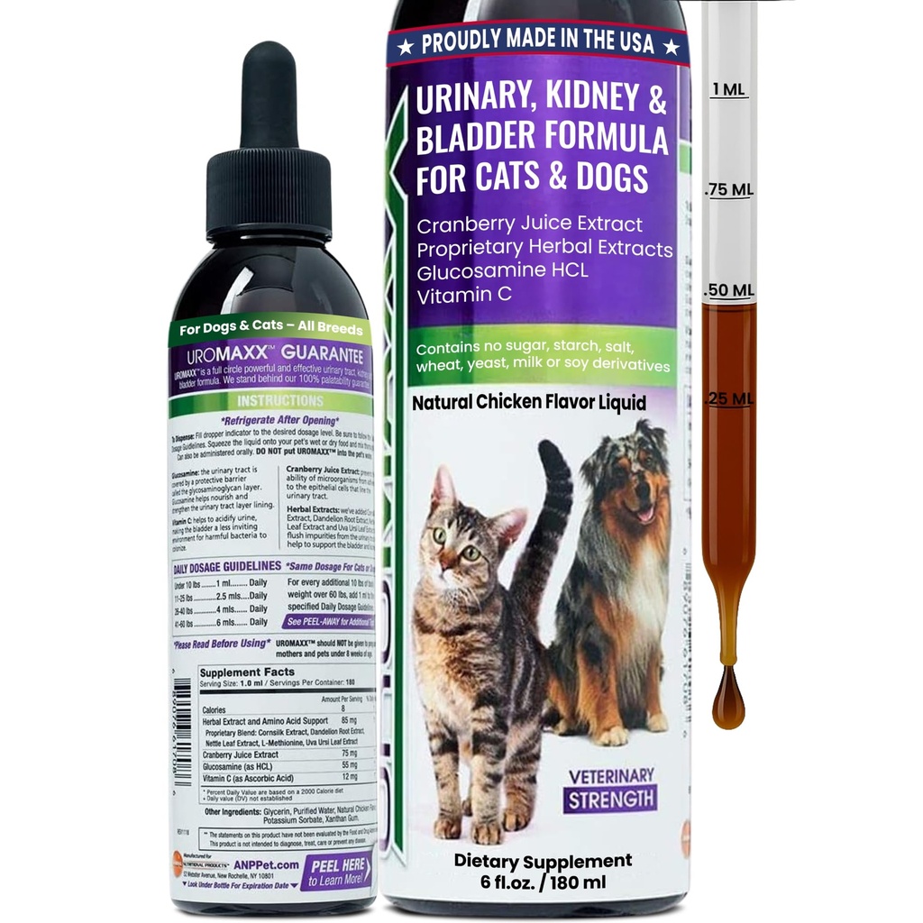 Cat & Dog Traitement du trac urinaire, support pour chiens et chats, soins puissants mais doux pour animaux de compagnie, avec canneberge liquide et glucosamine, goût de poulet, bouteille de 6 oz, 1 paquet