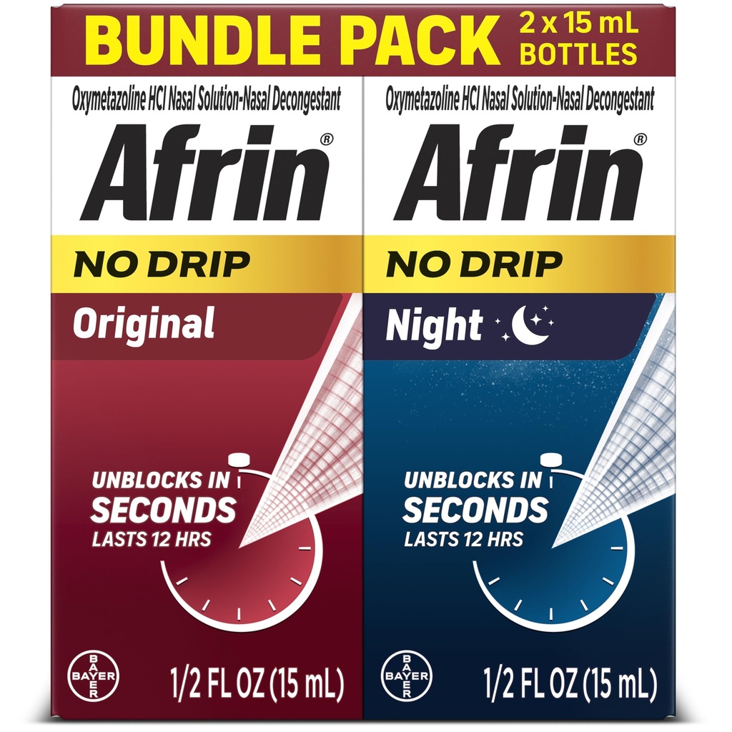 Afrin No Drip Original + Night Nasal Mist Pack, Non-Drowsy, Dognages à action rapide pour la congestion nasale et le soulagement de la pression sinusale, Adultes et enfants 6 et plus, .5 fl oz (Pack de 2)