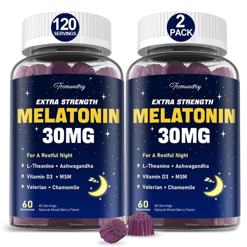Melatonin-Gummi 30mg für Erwachsene: Maximum Strength Melatonin Supplement mit L-Theanin, Ashwagandha, MSM, Vitamin D3 & Zink - Non-Habit Forming, Natural Mixed Berry Flavor 60 Count (Paket von 2)