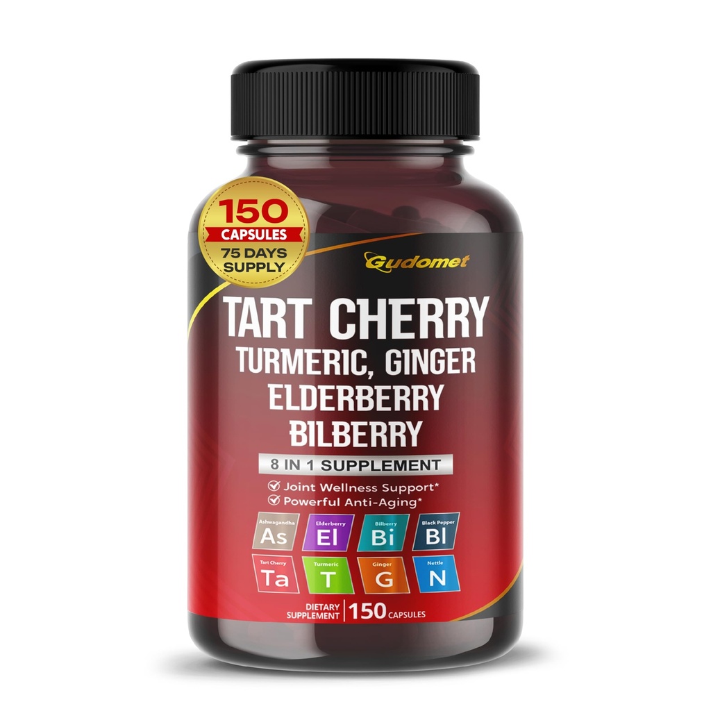 Tart Cherry Turmeric Ginger Stinginging Ashwagandha Elderberry Bilberry Black Pepper -150 Kapseln- Made in USA