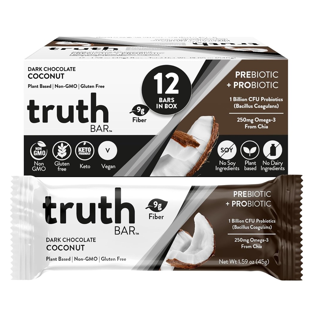 Truth Bar Gesunde Snack, Omega 3 von Chia, Pflanzen basiert, Präbiotika & Probiotika, Hochfaser, Niedriger Zucker, Keto, Kosher, Dunkle Schokolade, Vegan, Glutenfrei, 12 Ct, 45g ea.