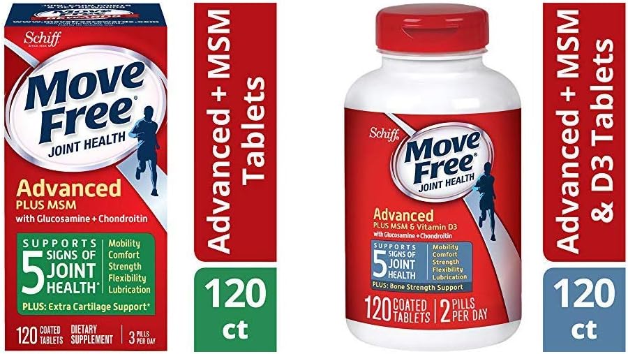 Déplacer sans glucosamine et Chondroïton Plus Comprimés de compléments de santé interarmées avancés MSM(120) et Comprimés de compléments de santé mixtes avancés MSM et D3 pour le confort et la glucosamine et la chondroïtine (120)