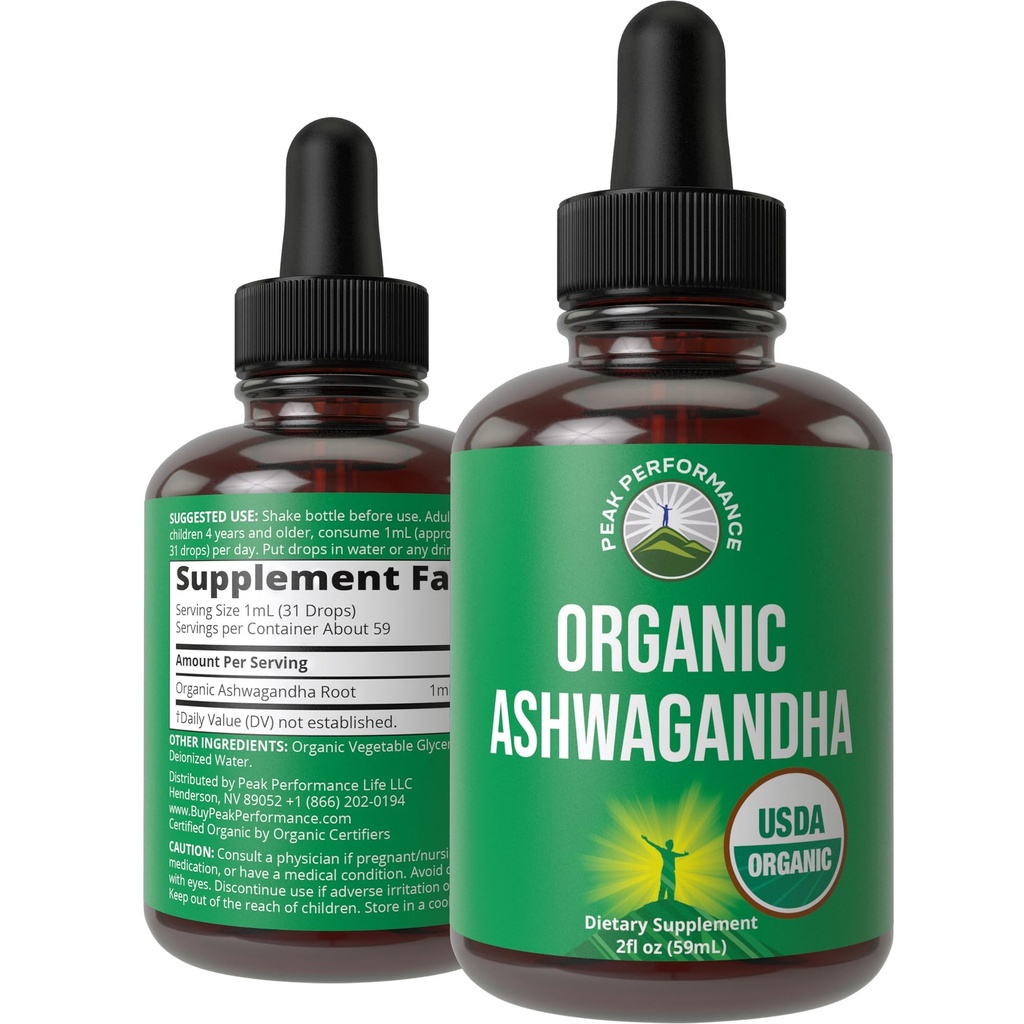 Ashwagandha Liquid Drops. USDA Organic Vegan Supplement. Extra Stärke Ashwagandha Wurzelextrakt für Frauen, Männer, Kinder. mit Adaptogenen. Zero Sugar, Organic, Glutenfreie Tinktur Ergänzungen.