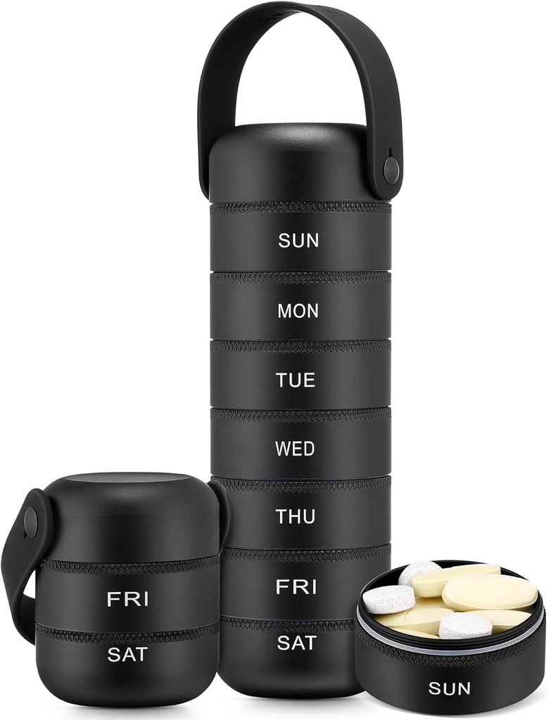 Zannaki Metall Wöchentliche Pille Organizer, große Reise Pille Box 7 Tage, Wasserdichte tägliche Pille Case mit Silikon Griff, Aluminiumlegierung tragbare Pillenhalter Container für Vitamin, Medizin, Beilage,Pills