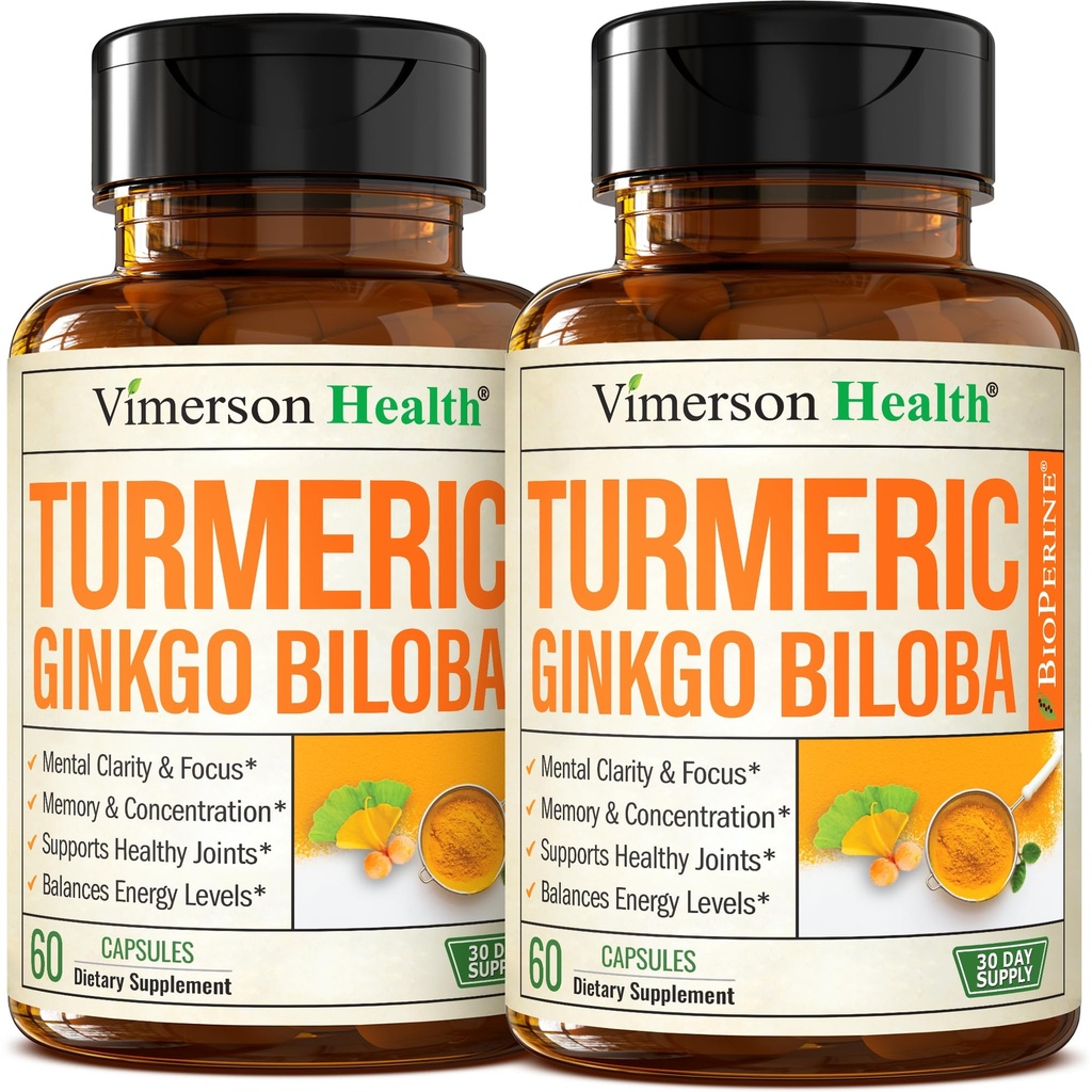 Ginkgo Biloba und Kurkuma Ergänzung w/Black Pepper & Organic Tumeric – Natürliche Kurkuma Ergänzung für Fokus, Gedächtnis, Gelenk & Gehirn Gesundheit – Vegan Ginko Biloba Kapseln w/Curcuma – 2 Pack