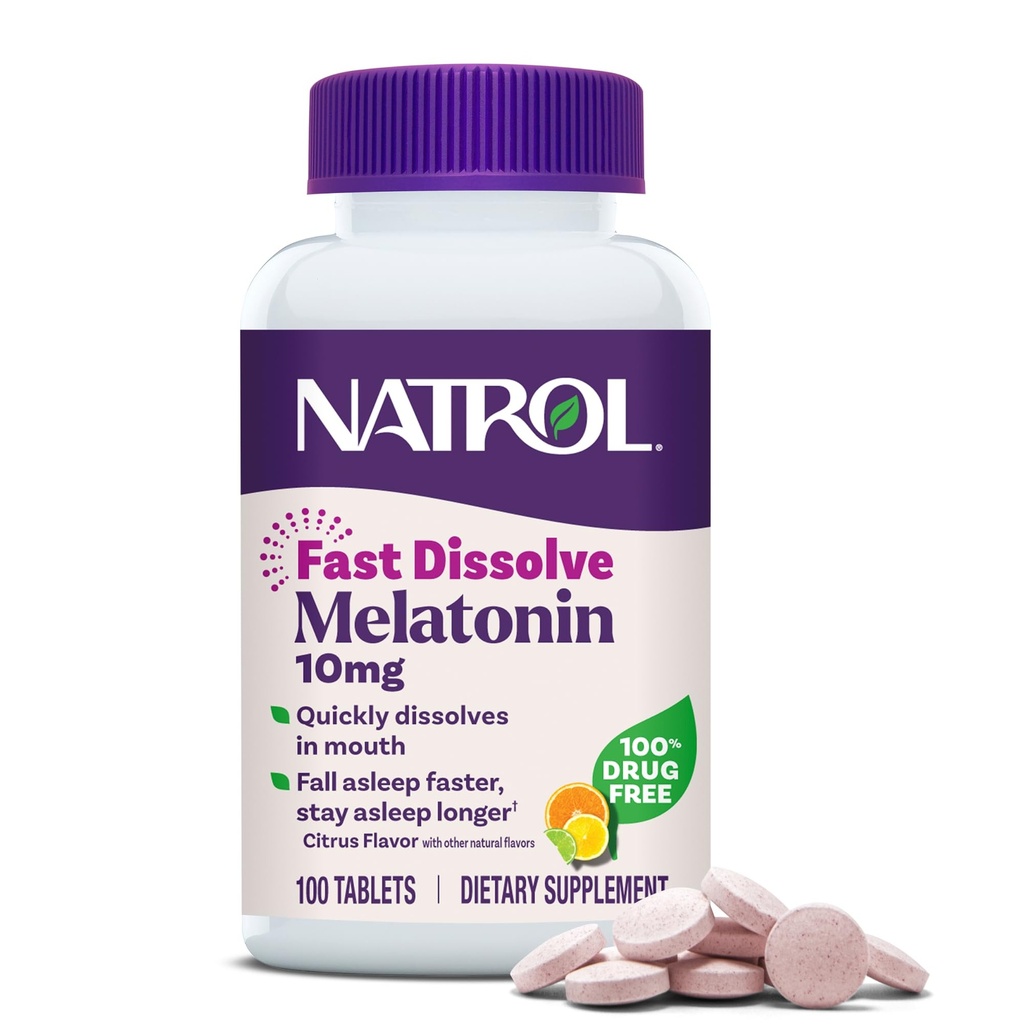 Natrol rapide Dissolve Melatonin 10 mg, suppléments de mélatonine pour le sommeil reposant, soutien du sommeil pour les adultes, 100 comprimés aromatisés par agrumes, jusqu'à 100 jours d'approvisionnement