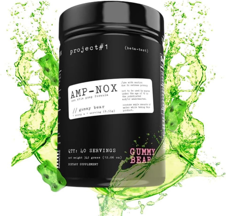 Projet #1 AMP-NOX: Poudre de pré-entraînement non-Stim - Boost Focus, Pump, & Energy - Boissons protéiniques sans caféine avec acides aminés pour les hommes et les femmes - Gummy Bear Flavor - 40 portions