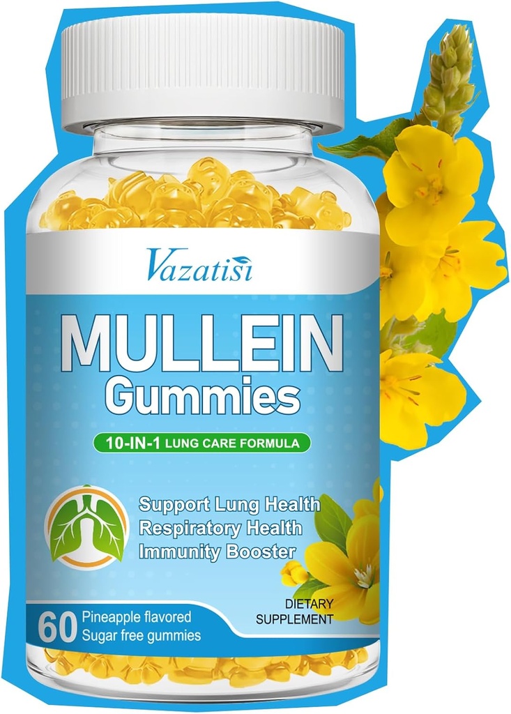 10 in 1 Mullein Gummies für Lunge, Mullein Blattextrakt mit Bromelain, Quercetin, Magnesium - Unterstützung Lung Cleanse für gesunde Atmung, 60ct