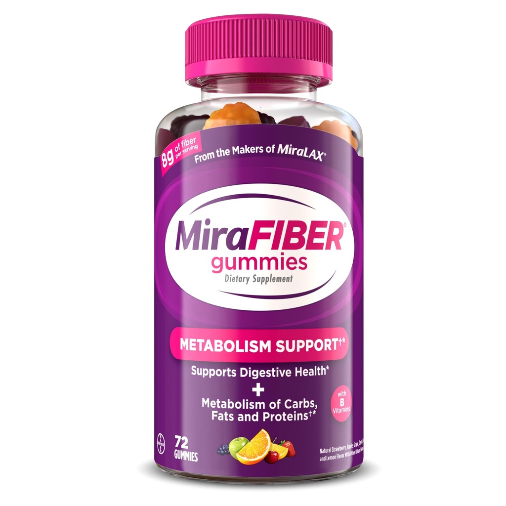 MiraFIBER Gummie von den Herstellern von MiraLAX, 8g von Daily Fiber Per Serving, Metabolismus-Unterstützung mit B Vitaminen, Gut Gesundheit für Männer und Frauen, Prebiotic Fiber Gummies für Erwachsene, Mixed Fruit Flavor 72Ct