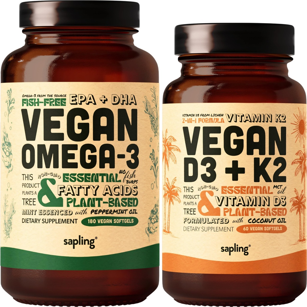 Vegan Omega 3 180 Softgels & Vegan Vitamin D3 + K2 Supplement Bundle - Pflanzenbasierte DHA & EPA Fettsäuren, 4000 IU Vitamin D3 und 100mcg Vitamin K2 als Mk7 - Tapioca Softgels