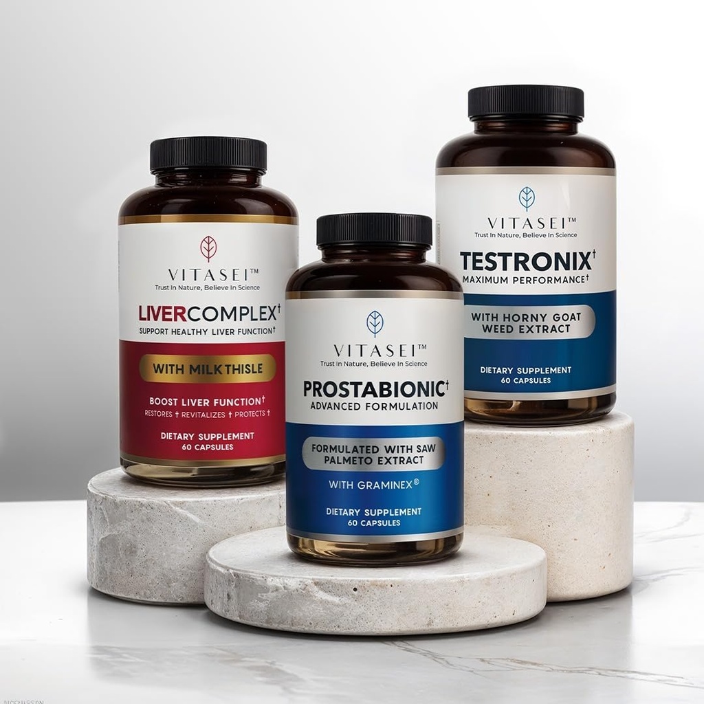 VITASEI Men's Health Power Pack – Testronix, Prostabionic & Liver Cleanse Bundle – Boost Energy, Muscle, Prostate et Liver Health avec des suppléments ciblés