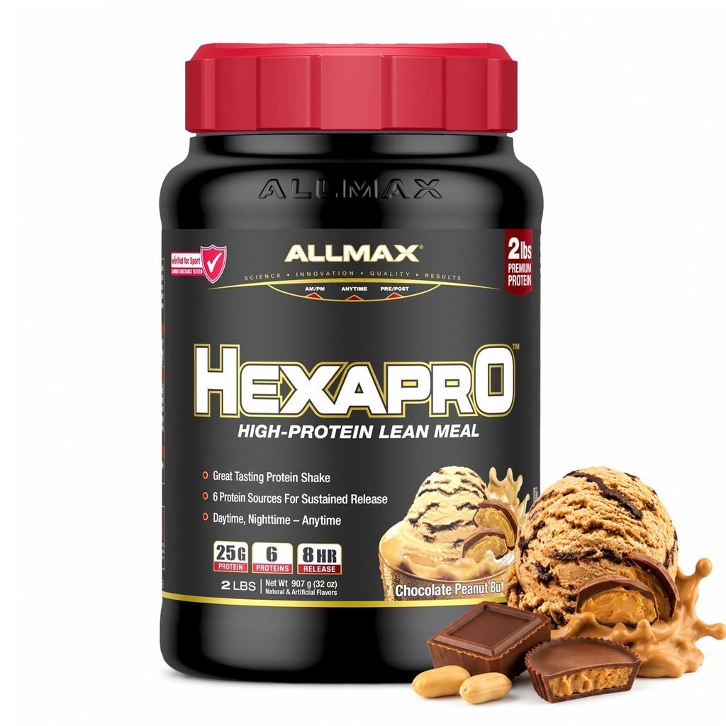 ALLMAX HEXAPRO, beurre d'arachide au chocolat - 2 lb - 25 grammes de protéines par portion - libération prolongée de 8 heures - Zéro sucre - 21 portions