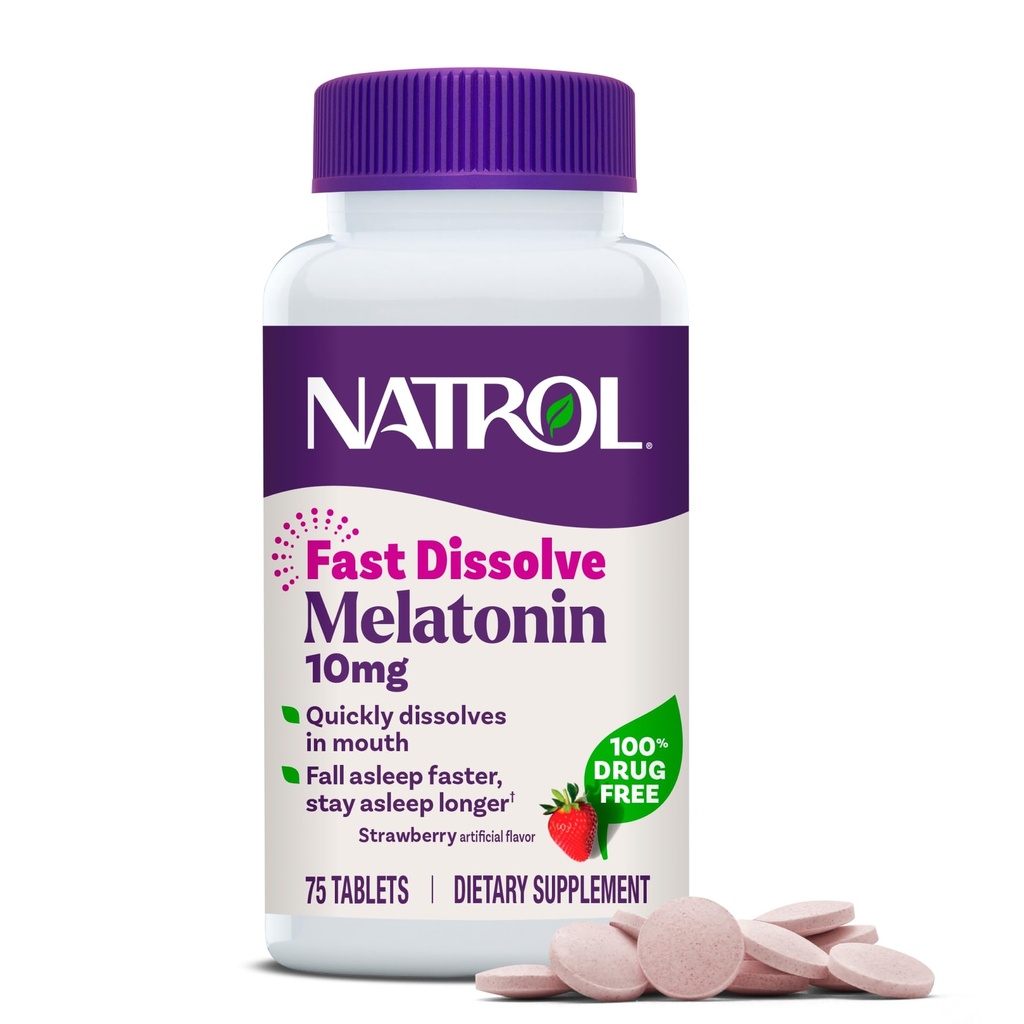 Natrol Melatonin 10mg Comprimés à dissolution rapide - Fraise, 75 Compte, Soutien au sommeil, Melatonine à dissolution rapide pour les adultes, 75 jours d'approvisionnement