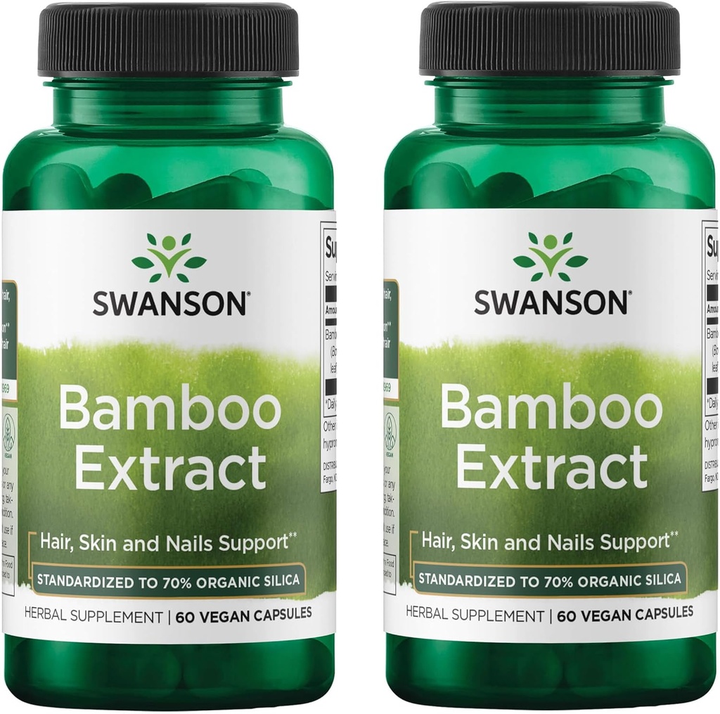 Swanson Bamboo Extract - Natürliches Haar, Haut und Nägel Beilage - 70% Silica Inhalt Unterstützung Collagen Formation & Knochenwachstum - (60 Veggie Kapseln, 300mg Jeder) (2 Packung)