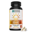 Zhou D3+K2 - Vitamin D3 K2 Beilage für Damen und Herren, Immununterstützung Vit D3 und K2 Beilagen, Reine vegetarische Formel mit 5000 IU von D3 und MK-7 - 60 Veggie Kapseln (Pack von 1)