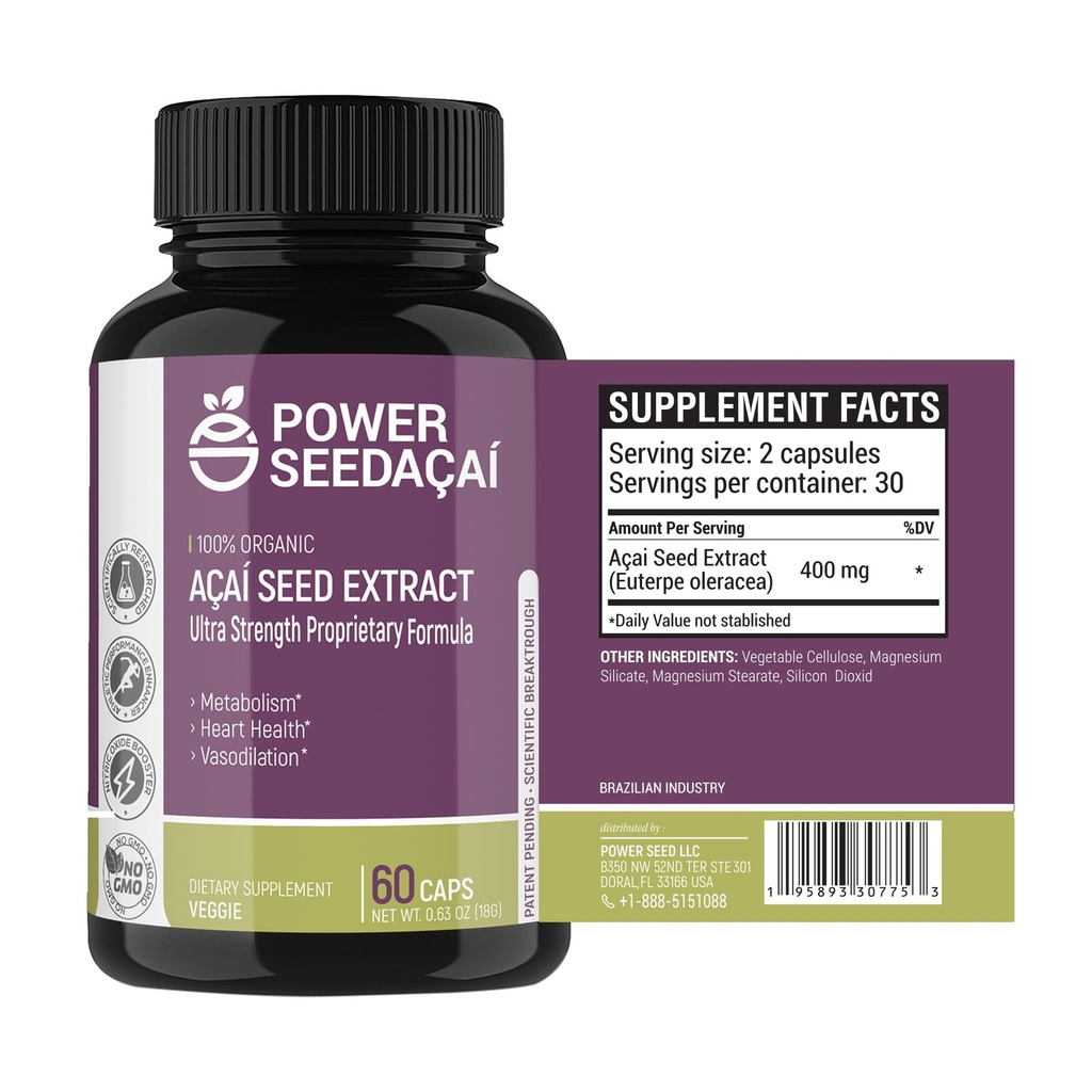 Power Seed Acai - Booster d'oxyde nitrique. Supporte le flux sanguin, les niveaux de sucre dans le sang, la fonction métabolique et l'énergie. Antioxydant super fort. Sans caféine. Formule brevetée 60 capsules