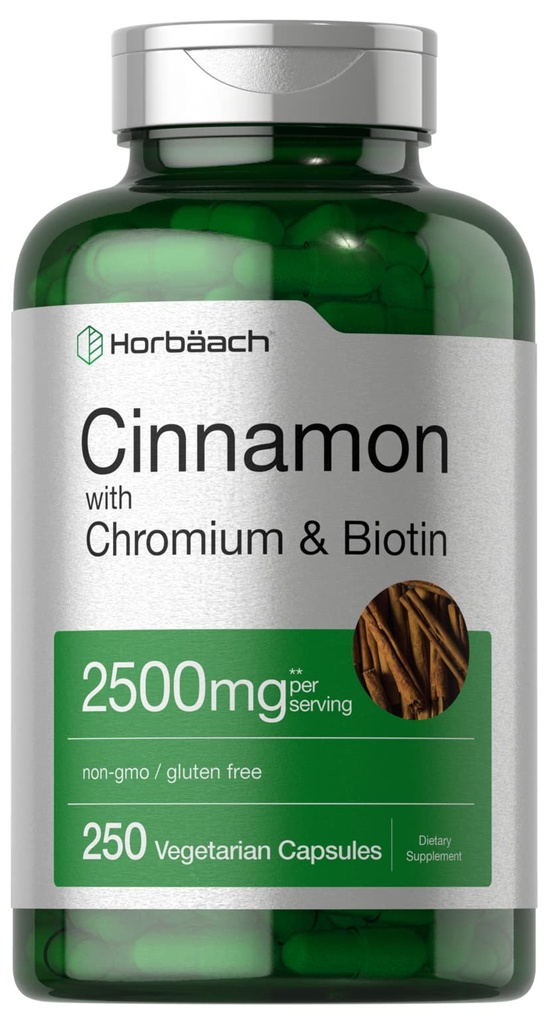 Horbäach Cinnamon avec Picolinate de chrome 2500mg.250 Capsules.Plus Biotin.Végétarien, Non-OGM, Sans gluten
