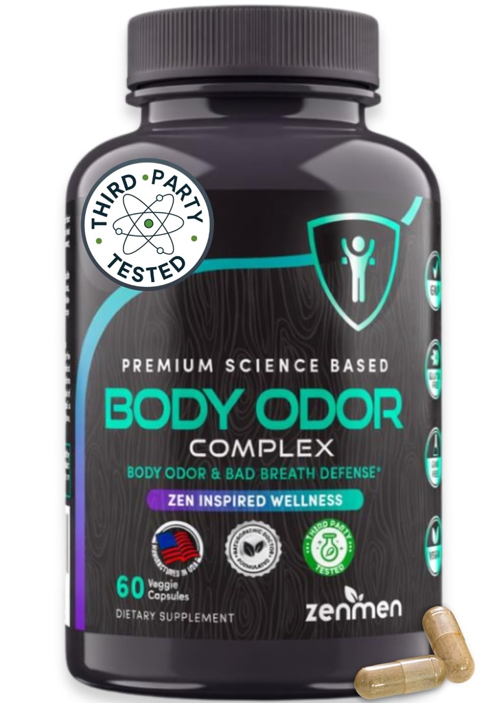 Supplément désodorisant naturel du corps Zenmen - Pilules éliminatrices de l'odeur du corps - Déodorant interne pour les sous-armes, les zones intimes et les parties privées - 60 Capsules Vegan. Fabriqué aux États-Unis