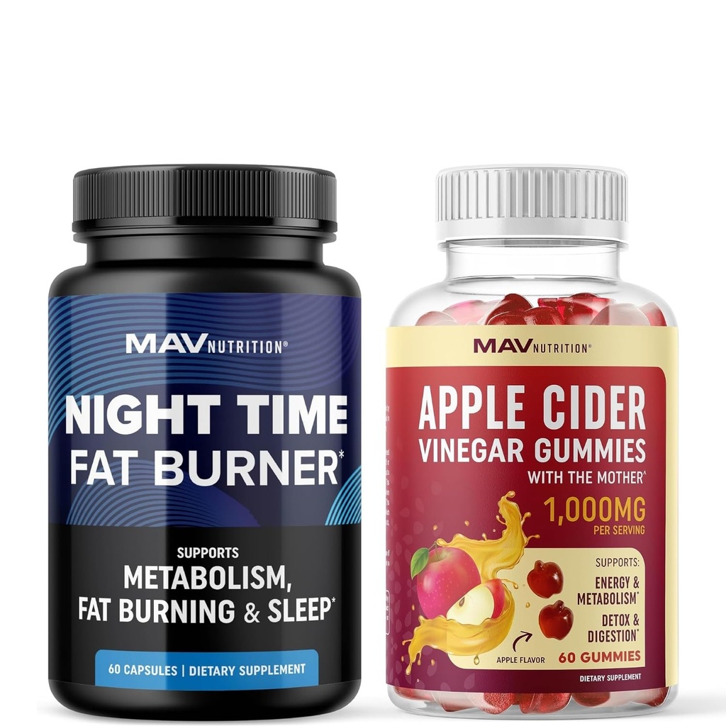 MAV NUTRITION Nachtzeit Fat Burner Capsules und Apple Cider Essig Gummis | Overnight Metabolism Booster für Stomach Fat Burning Unterstützung mit Melatonin & ACV | 1 Monat Versorgung