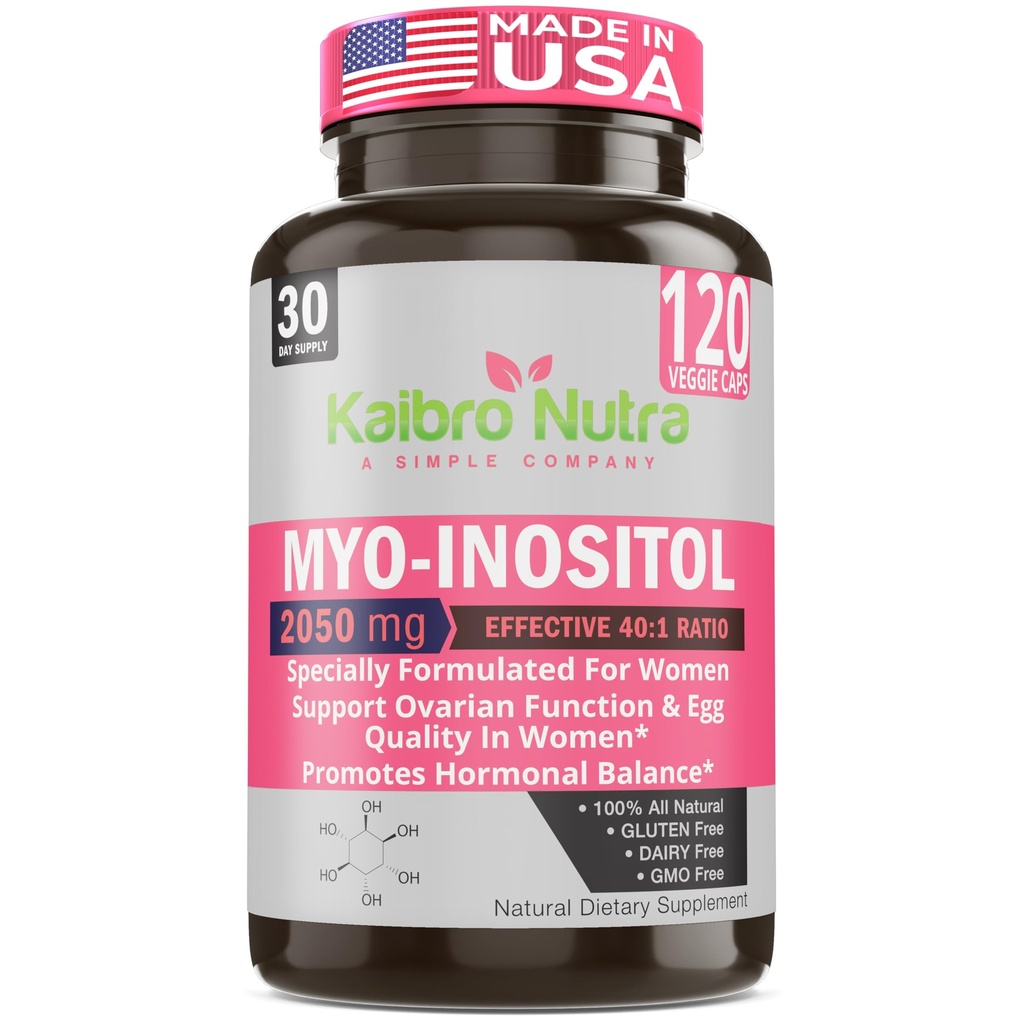 Kaibro Nutra Myo-Inositol Supplément, Myo-Inositol et D-Chiro Inositol rapport 40:1, équilibre hormonal et soutien ovarien pour les femmes avec la vitamine B8, 2050mg, végétalien, capsules non OGM 120 Compte