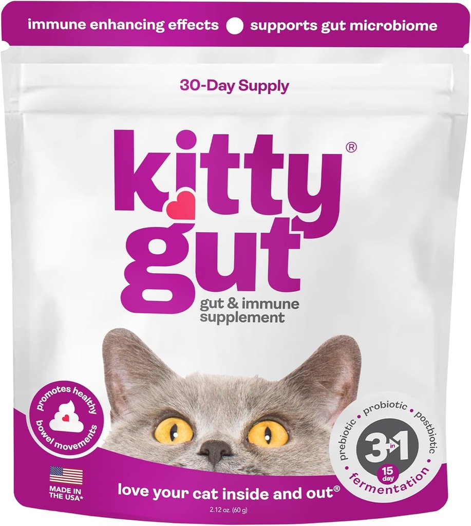 KittyGut 3-in-1 Organic Cat Probiotics & Postbiotic Supplement Powder- Made in USA-Probiotics for Cats fördern Gut Health und Cat Digestive Support, Durchfall und Vomiting (60g)