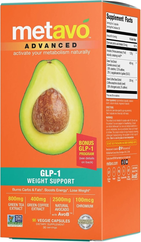 Metavo Advanced Weight Support – compléments alimentaires naturels avec des nutriments essentiels pour promouvoir le bien-être, enrichi avec avocats, thé vert, chrome et café vert, 90 pilules de régime facile à avaler