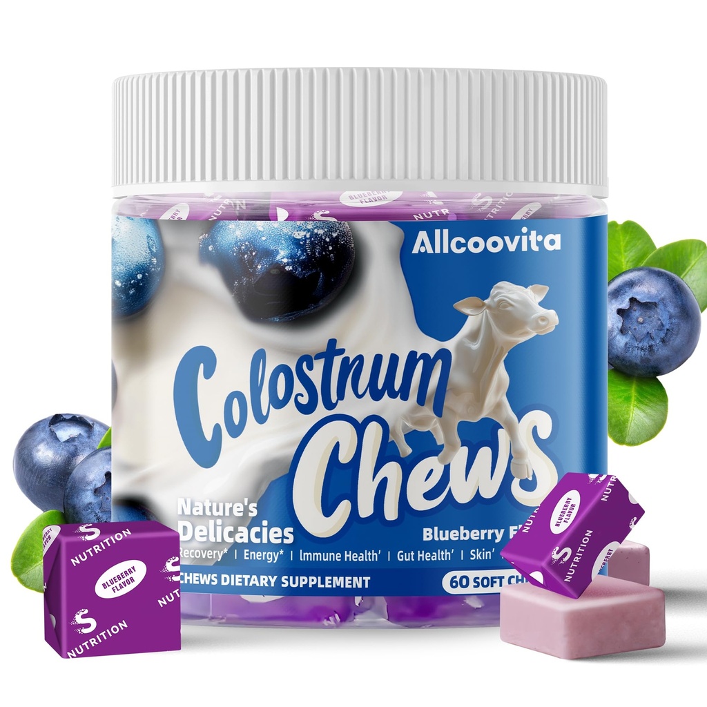 Bovine Colostrum Chews Supplement mit Probiotika für Gut Health, Bloating, Immununterstützung, Haut, Haarwachstum und Schönheit - Blueberry Flavor (60 Servietten)