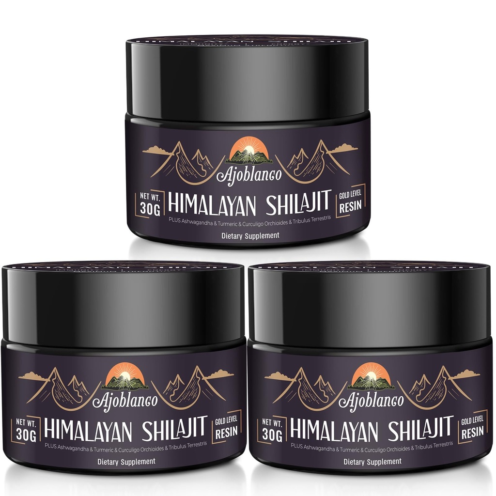 Ajoblanco 600mg natürliches Himalaya-organisches Shilajit-Harz - Himalaya Gold Shilajit-Harz mit organischem Ayurveda-Gemisch in hoher Potenz für Energie, Stärke und Immunität, Packung mit 3