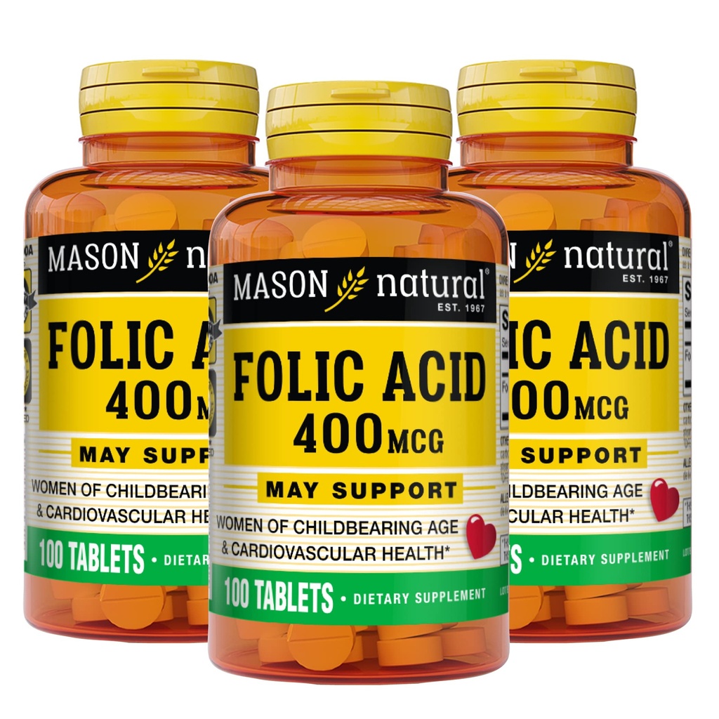Mason Natural Folic Acid 400 mcg, Tagesergänzung für Gesundheit, Stimmung und pränatale Pflege, für Frauen des Kindesalters, 100 Tabletten (Pack mit 3)