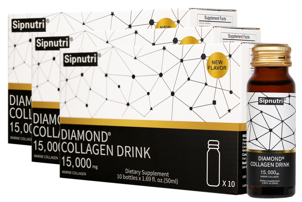 Diamond Liquid Collagen Drink, 15000 mg Hydrolyzed Marine Collagen Peptide mit Vitamin C, Granatapfel, Gesunde Haar Haut Nägel Gelenke Knochen Unterstützung, 50 ml x 10 Flaschen (3 Boxen)