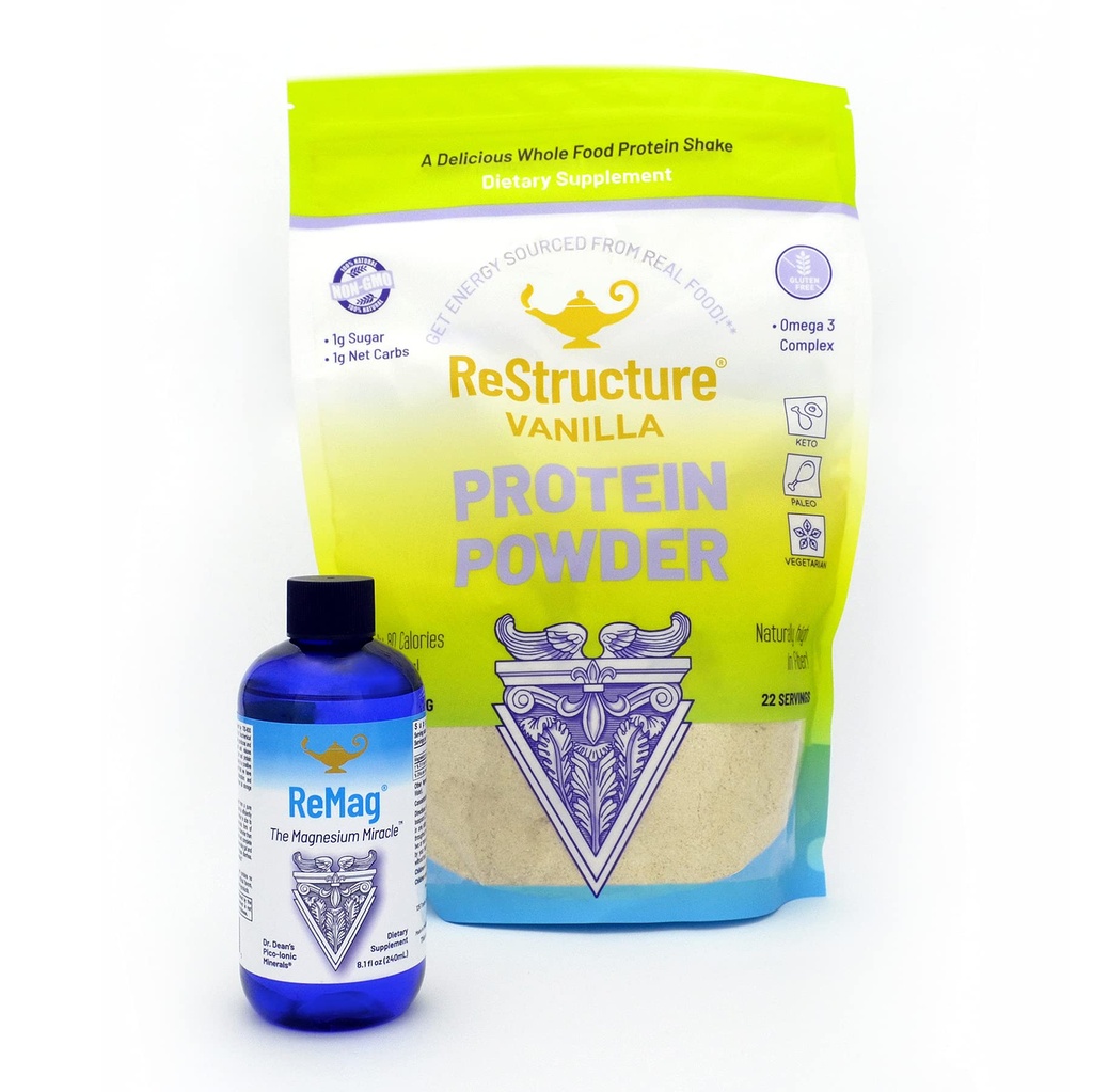 RnA ReSet Performance Bundle – ReMag Liquide Magnésium 8.1oz & ReStructure Vanilla Whey Protein 594g, Récupération musculaire et soutien de fitness (2 formules)