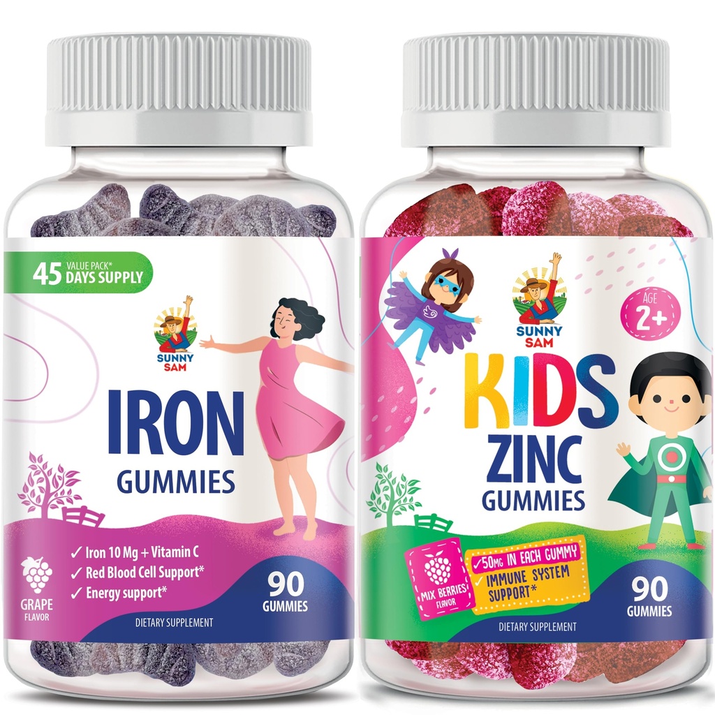 SUNNY SAM Gommies de zinc pour enfants et Gommies de fer pour adultes, Vitamines de fer avec vitamine C